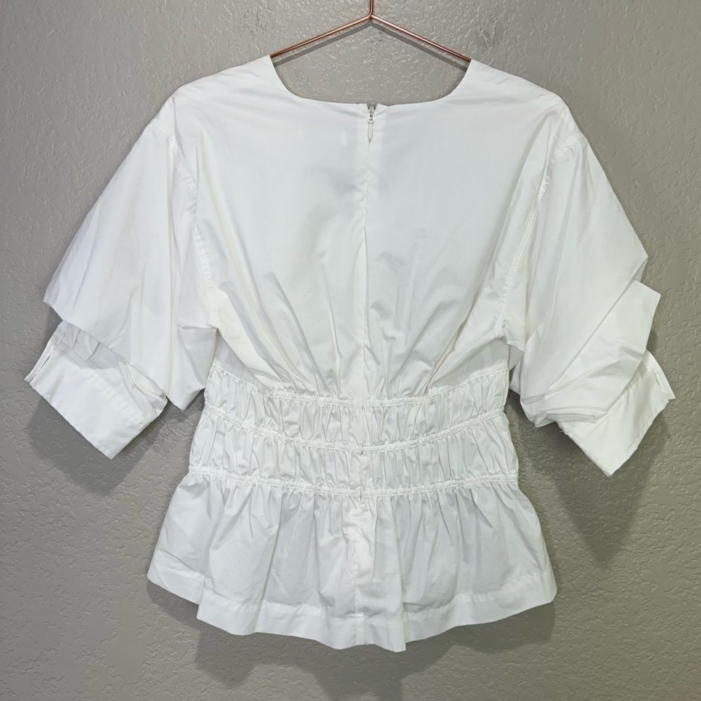 NEW Jonathan Simkhai Yuni Cotton Poplin Ruched Blouse White Size 8 - Picture 7 of 13